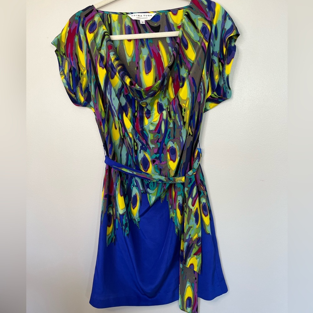 Trina Turk Silk Peacock Watercolor Colorful 100% Silk Women’s Mini Dress Size 2